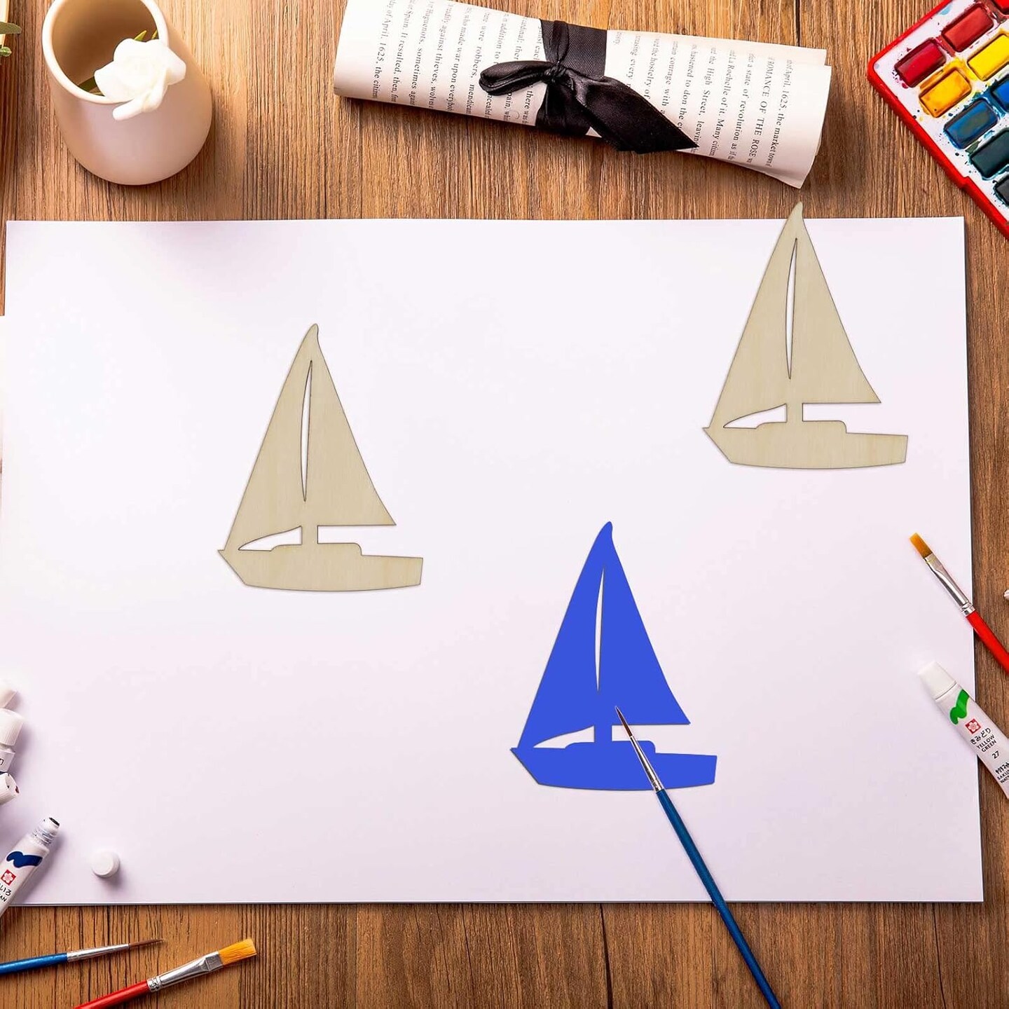 20pcs Nautical Wood DIY Crafts Cutouts Blank Wooden Sailboat Shaped Ornaments Wood Tags for DIY Projects Sailing Party Decorations