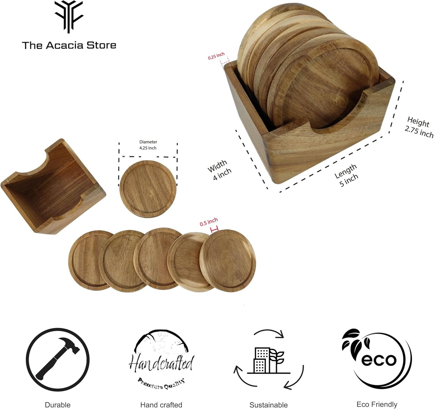 6 Piece Acacia Wood Coaster Set with Holder in a Gift Box, Made from one pc Solid Acacia Wood, Made in Vietnam.