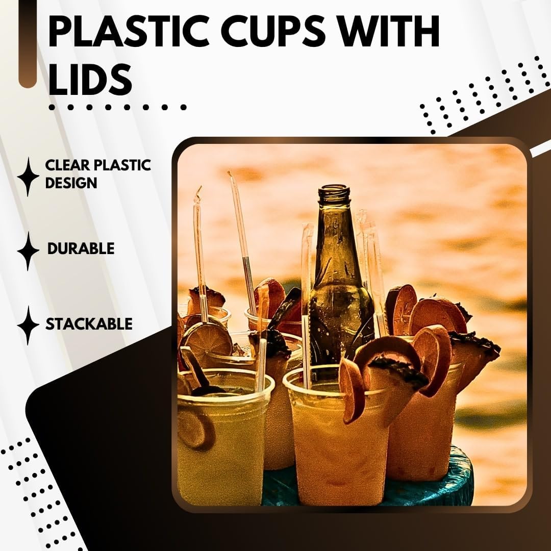 Disposable Cups With Lids | Clear Plastic Cups With Lids | Iced Coffee Cups For Bubble Boba Tea | Cup and Flat Lid For Cold Drinking &#x26; Smoothie 50 Sets