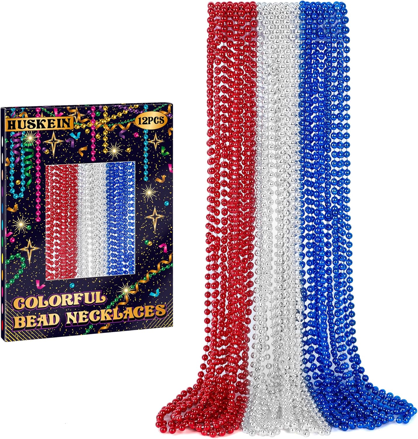 12 PCS 4th of July Beads Necklaces, 33" Red Silver Blue Beaded Necklaces Bulk, Patriotic Round Beads, Independence Day Parade Suppliesfor Fourth of July Party Accessories Decorations