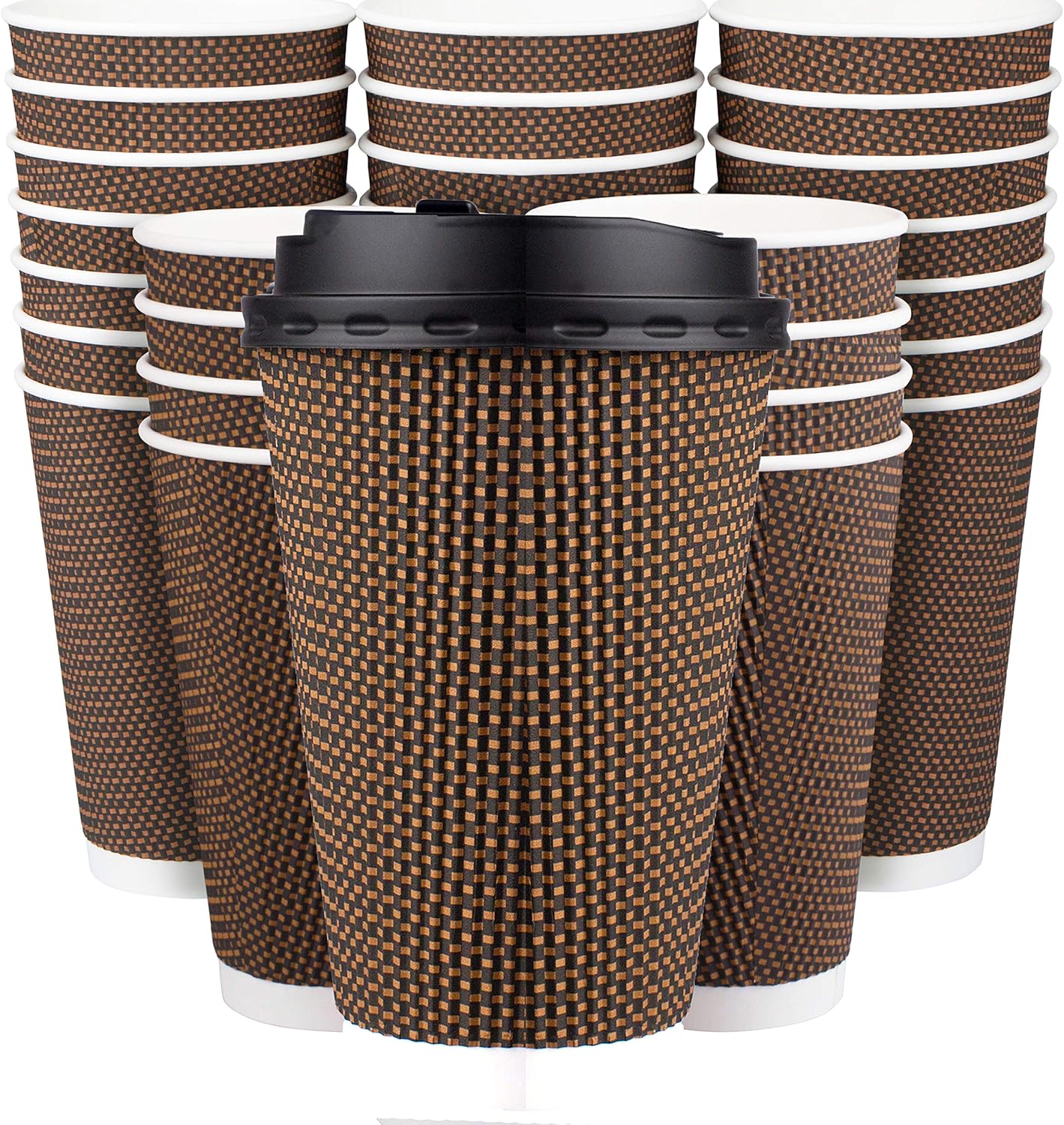 Brown Disposable Coffee Cups With Lids 16 oz, Premium Insulated Paper Ripple Cups for Hot Coffee (80 Pack)