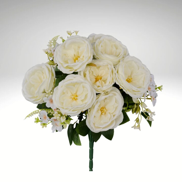 White Artificial Cabbage Rose Bush | 11 Faux Roses | 19" Tall-FB196227