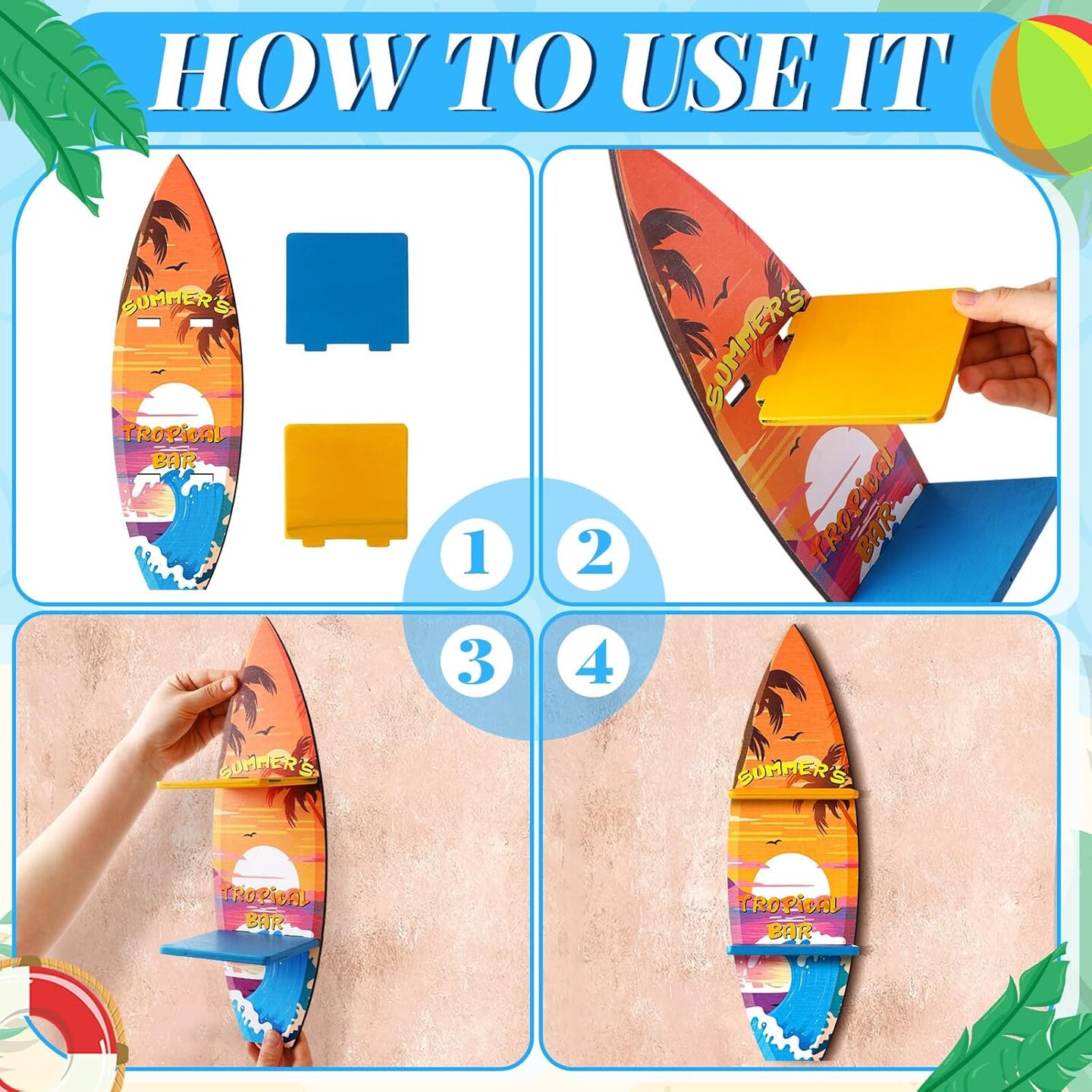 3 Pcs Surfboard Wooden Wall Shelf Surfboard Decor Hanging Sign with Shelf Beach Home Decor Decorative Surfboards for Wall Room Party Tropical Decoration(Summer)