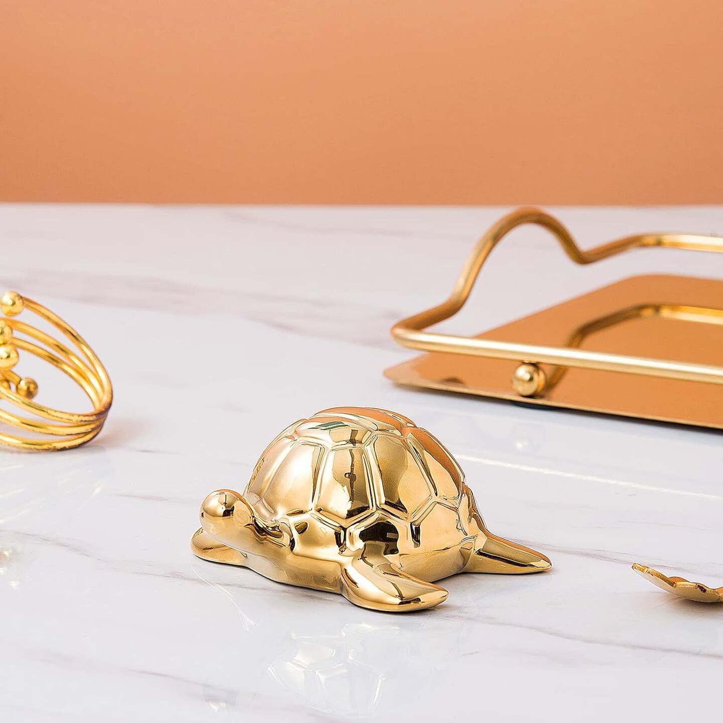 Golden Turtle Statue, Ceramic Turtle Ornament for Home Decor - Gold Tabletop Decoration, Collectible Decor for Elderly, Turtle Sculpture for Bookshelf, Desk, Nightstand