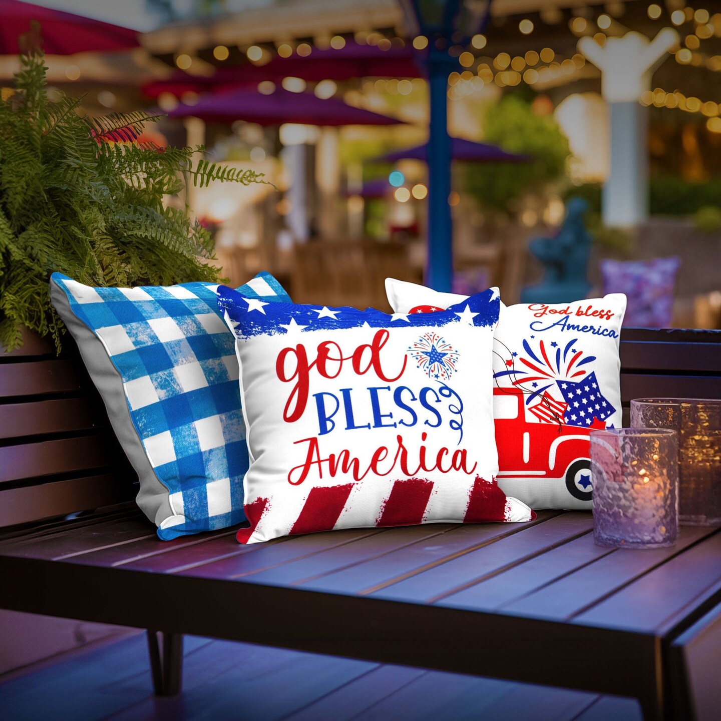 G128 Patriotic Decoration Gnome & Fireworks Waterproof Throw Pillow | 18 x 18 in | Set of 4, Beautiful Cushion Covers for Independence Memorial Day Sofa Couch Decoration, Pillow Insert Included