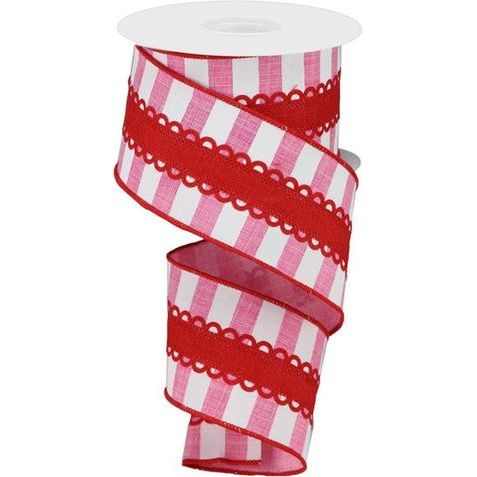 2.5&#x22; Lace On Horizontal Stripe Ribbon: Pink/White (10 Yards)