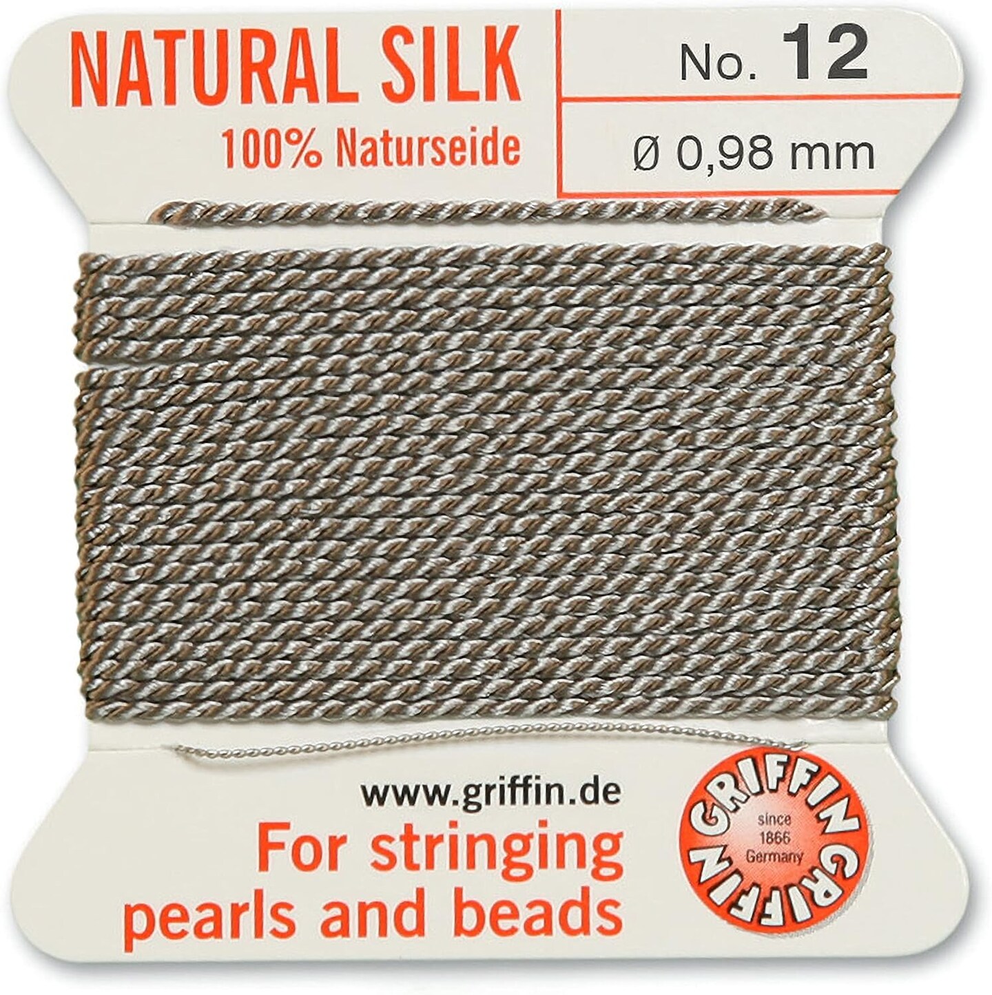 Griffin Silk Bead Cord Perlseide – Size 12 (0.98mm) – 2 Meters per Card – Stainless Steel Needle Attached – for Knotting Pearls, Gemstones, Crystals and Beads