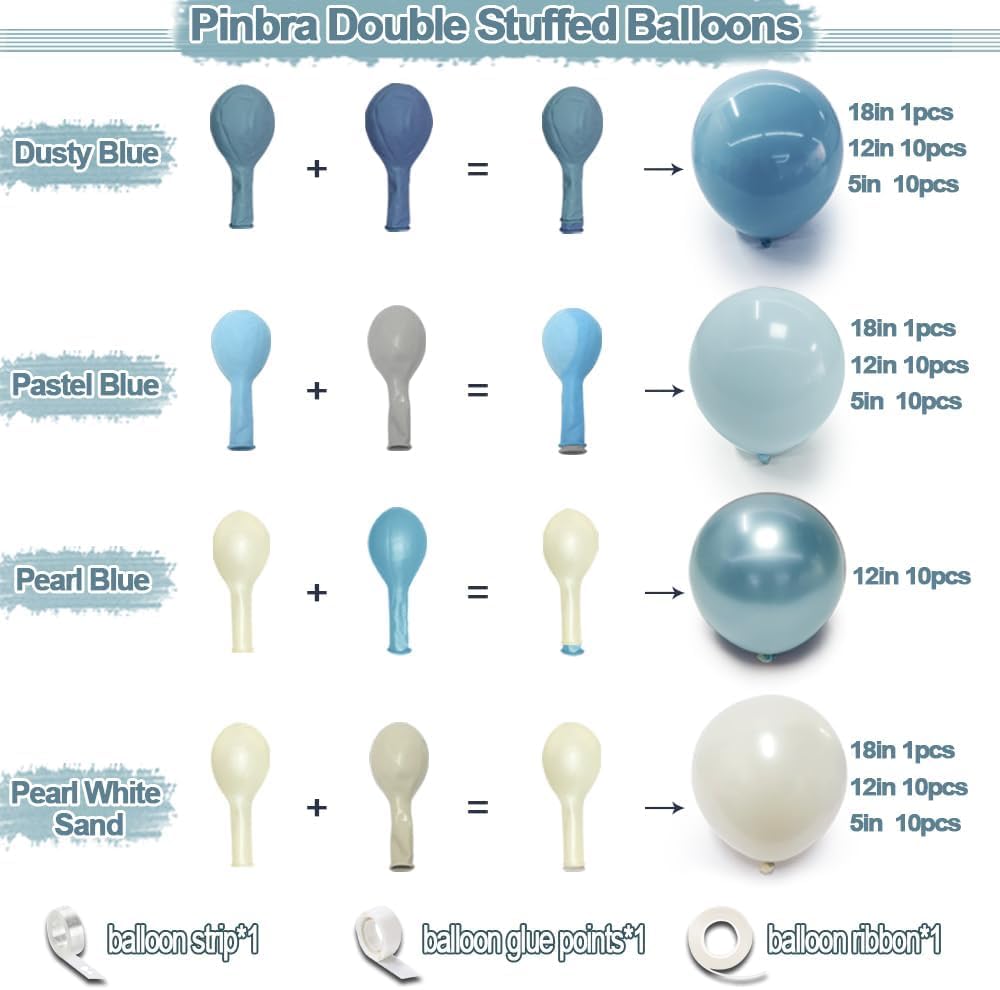 Dusty Blue Balloon Garland - Double Stuffed Slate Pastel Blue White Sand Pearl Balloon Arch Kit for Baby Shower Birthday Bridal Shower Wedding Graduation Party Decorations