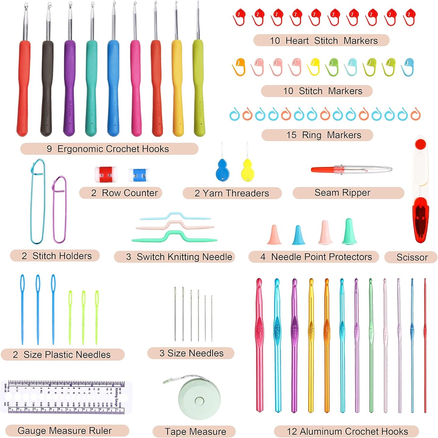 Crochet Hooks Kit with Case, 86-Piece, Ergonomic Crochet Needles Weave Yarn Kits DIY Hand Knitting Art Tools