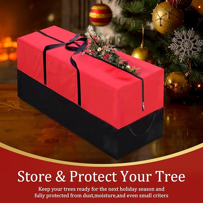 Christmas Tree Storage Bag, Fits Up 10 Ft Tall Artificial Trees-Heavy Duty Holiday Storage Box with Durable Reinforced Handles & Zipper & Transparent Pocket- 600D Oxford Tree Storage Container, Red
