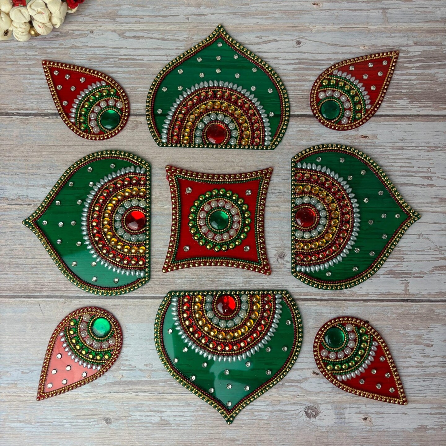 Diwali Acrylic Rangoli Set Decorative Pooja Floor Rangoli with Studded Stones Indian Traditional Multicolor Handmade Reusable Rangoli Set Festive Home Decor Housewarming Gift