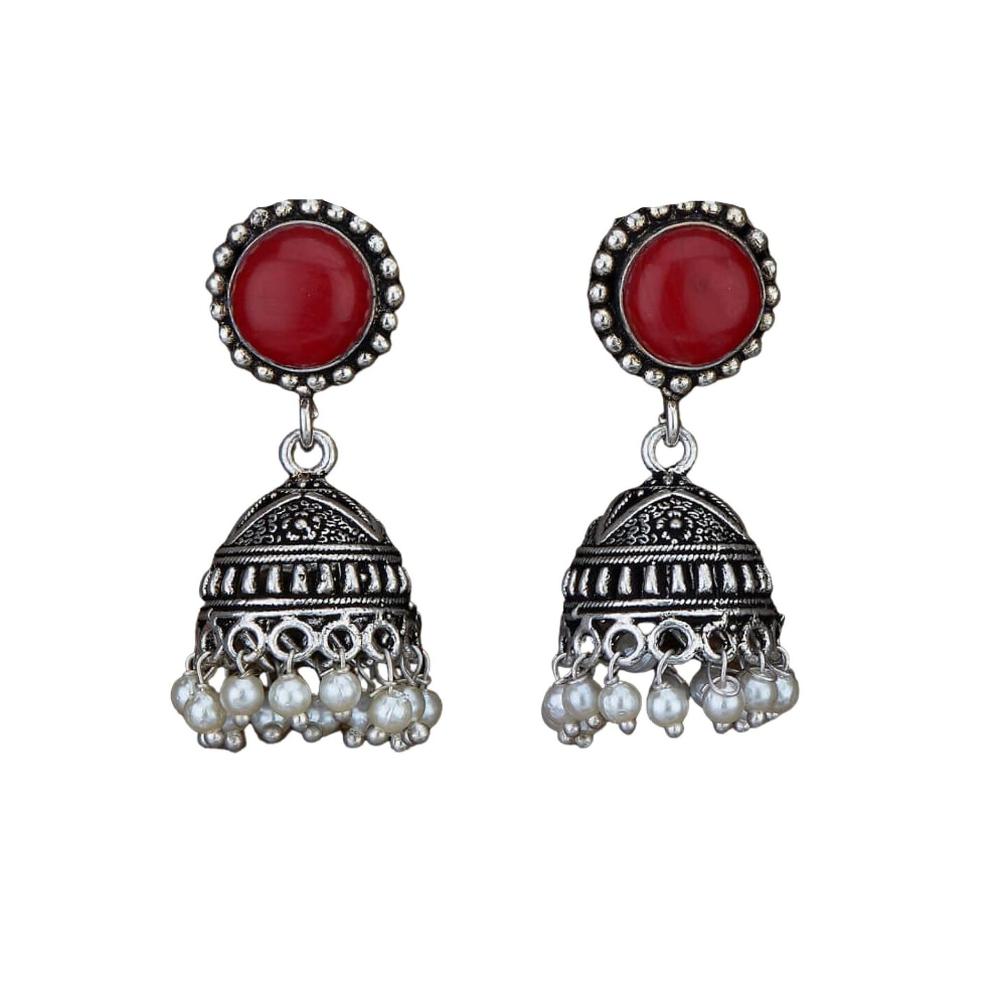 Indian Oxidized Jhumka Earrings for Women - Indian Oxidized Bell Tassel Jhumki Ethnic Chandbali Earrings Faux Pearls with Oxidized Platting Bollywood Style Dangle Earring Jewelry for Bride