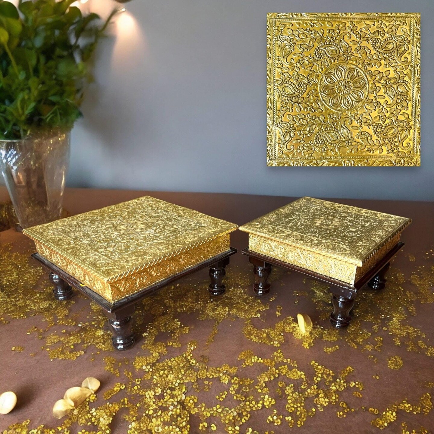 Chowki for Pooja Handcrafted Traditional Chowki Gold Plated Wooden Bajot Festive Decor for God Idols Home Temple Mandir - Diwali Housewarming Gift