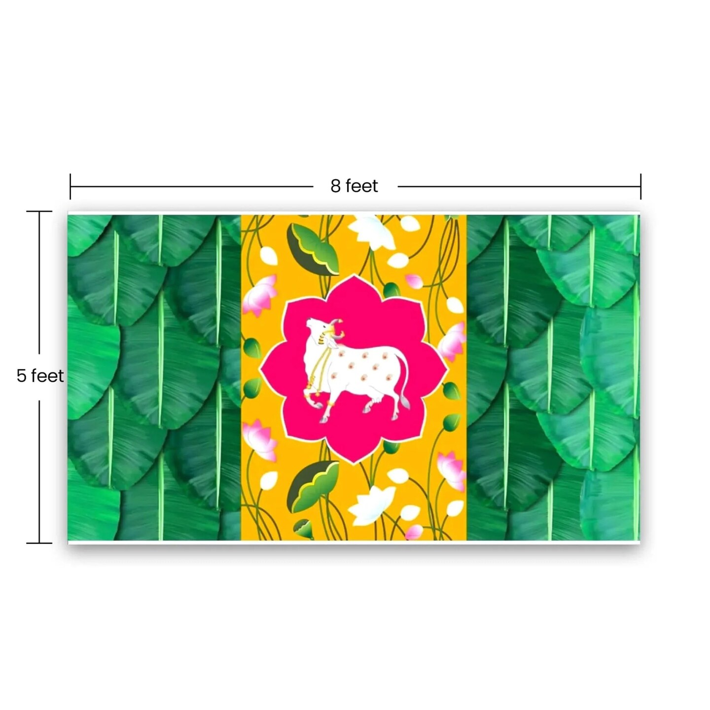 Pichwai Cow Print Backdrop 5x8 Feet Backdrop Indian Traditional Cloth Banana Leaf Decor Indian Pooja Wall Decor Indian Wall Art Photo Decor Banner Decorative Pooja Cloth Wedding Favor