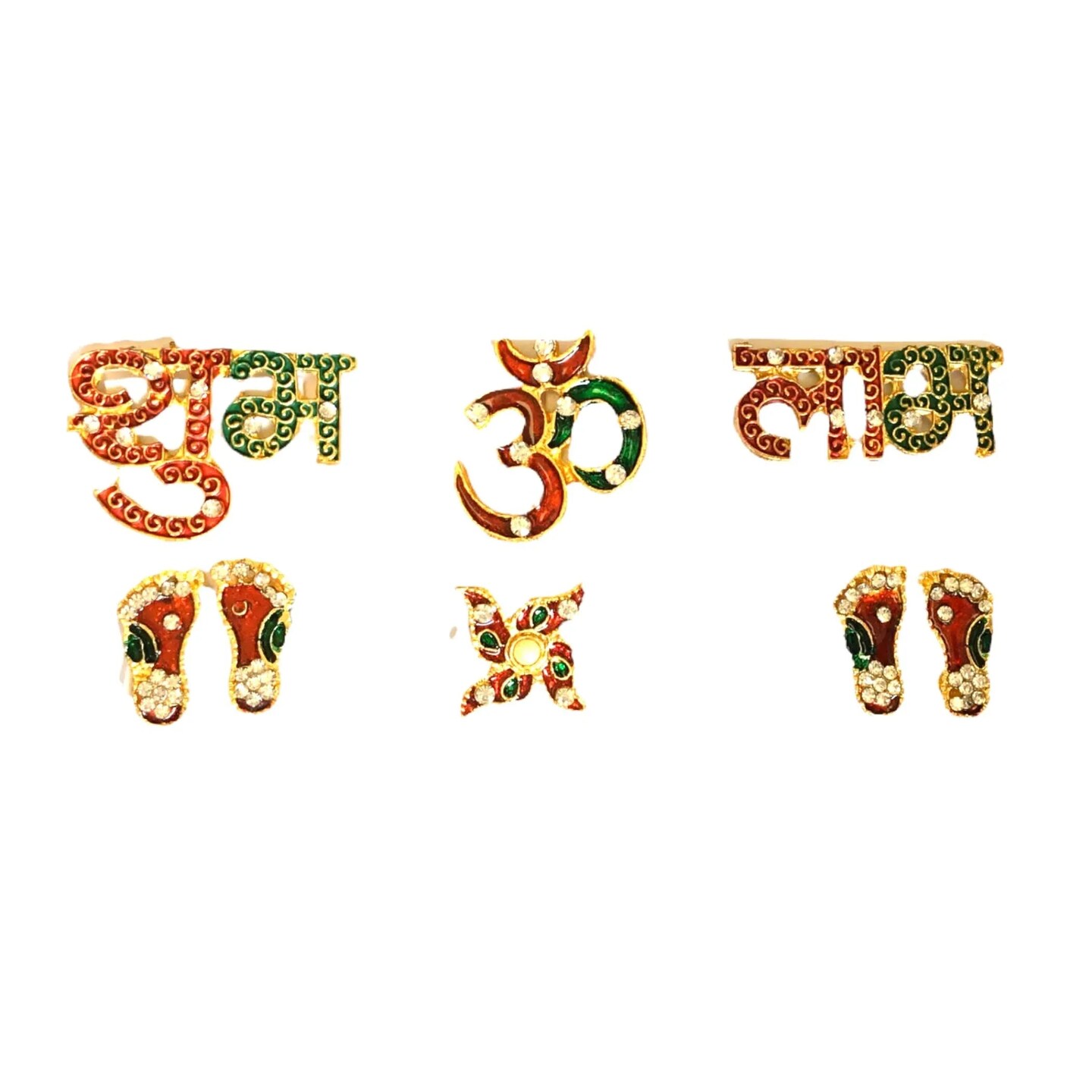 Shubh Labh Om Swastik 6 Pieces Set Metal Good Luck Footsteps Shubh-labh Rangoli Sticker Wall Door Hanging Home Office Temple Pooja Diwali Decor Wall Art for Housewarming Laxmi Pooja
