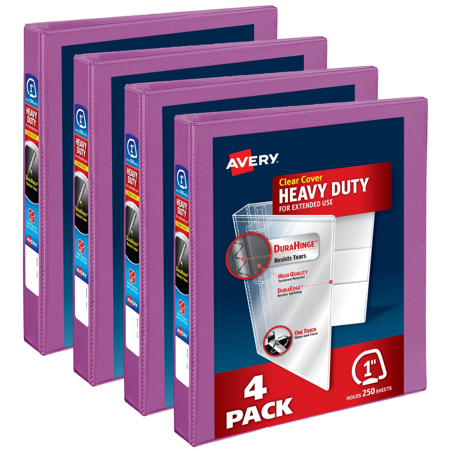 Avery Heavy-Duty View 3 Ring Binders, 1 Inch One Touch Slant Rings, DuraHinge, 1.4 Inch Wide Spine, Customizable Clear Cover and Spine, Orchid Purple Binders (4-Pack of 46060)