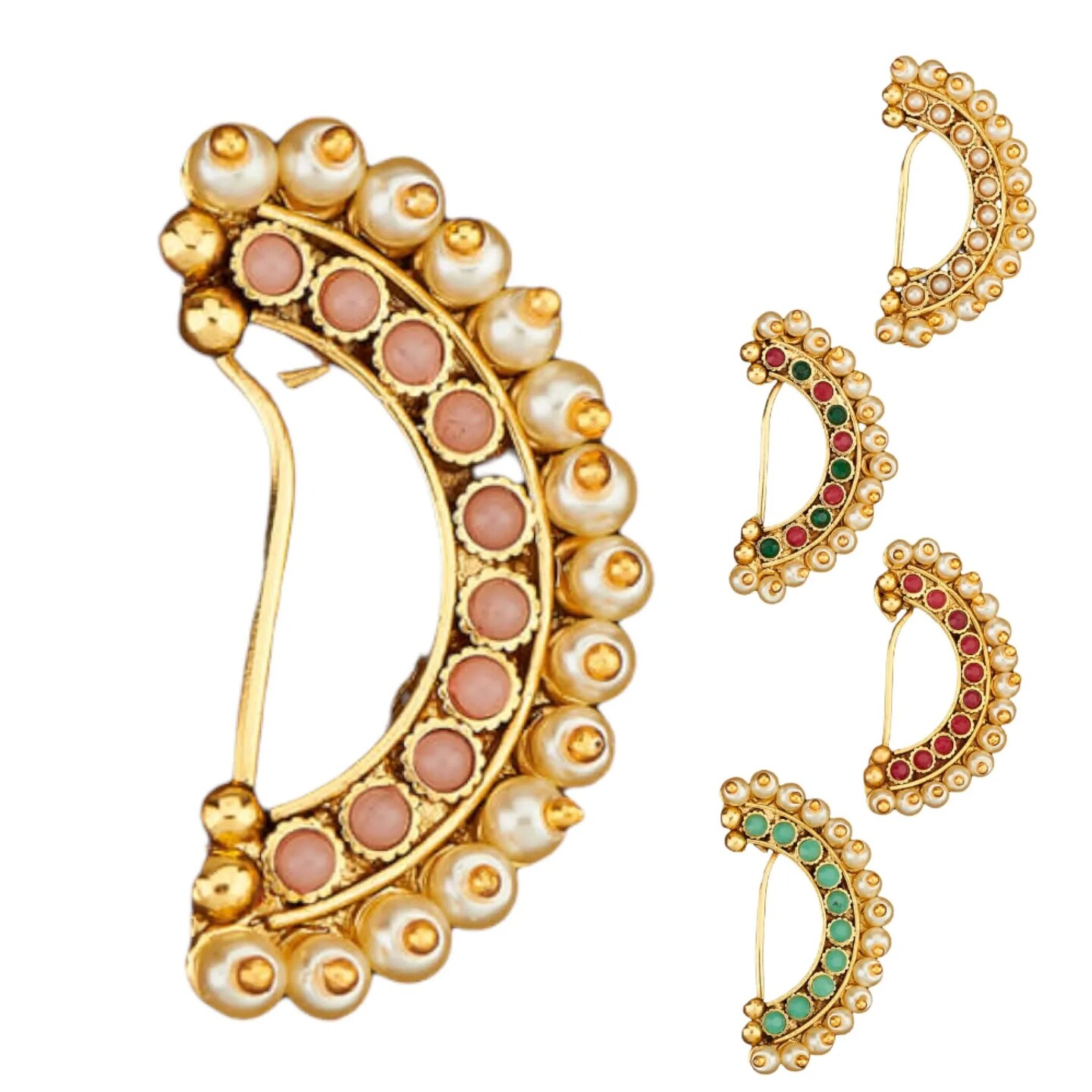 Indian Marathi Nath for Women - Antique Golden Pressing Moon Marathi Nose Ring Indian Jewelry Clip-On Marathi Bridal Nathani Bollywood Faux Pearl Non-Piercing Jewelry for Women Gift For Her