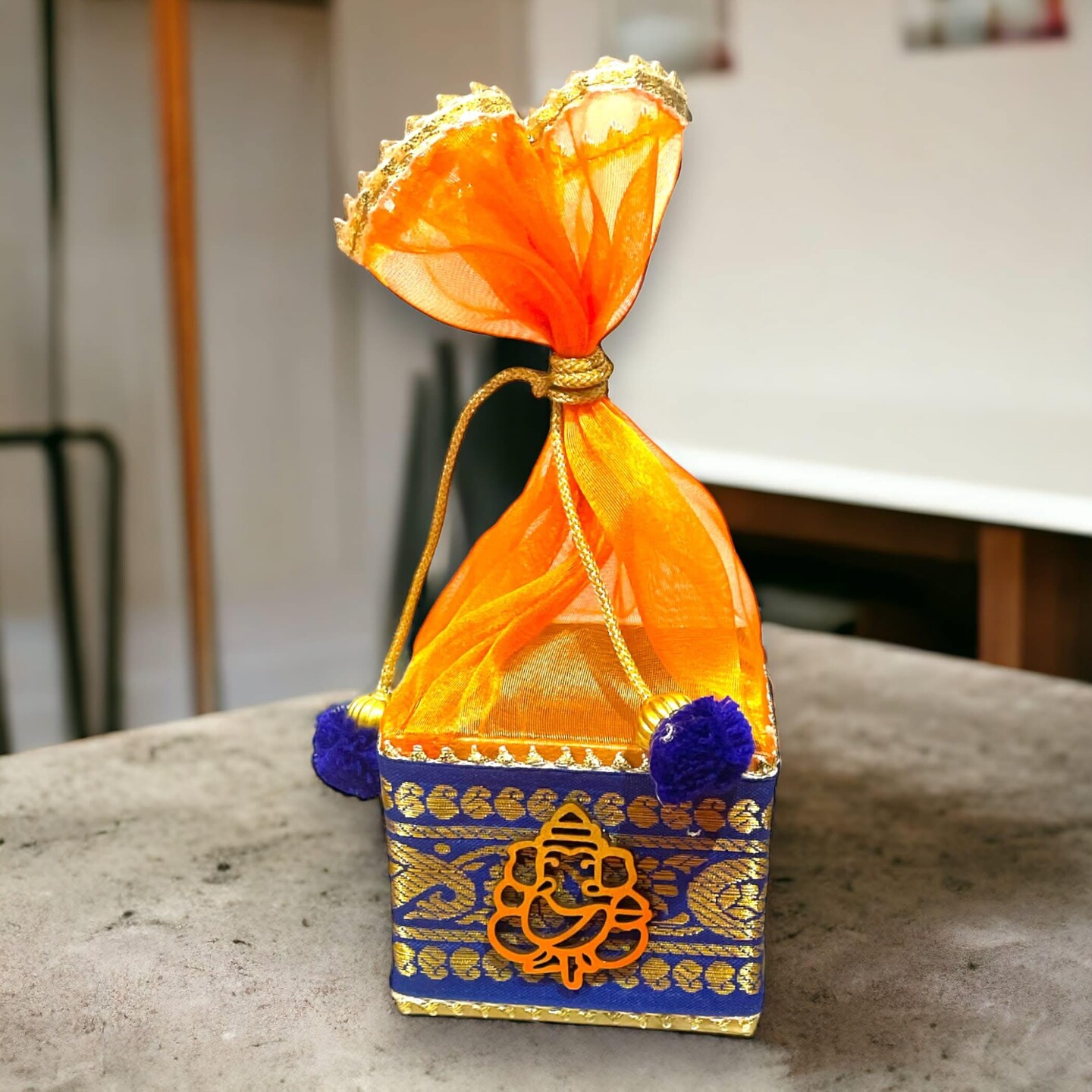 Pack of 4 Small Potli Gift Box Decorative Net Ganesha Potli for Dry Fruits Jewelry Organizer Packing Return Gift Indian Wedding Mehndi Festival Favors Housewarming Gift