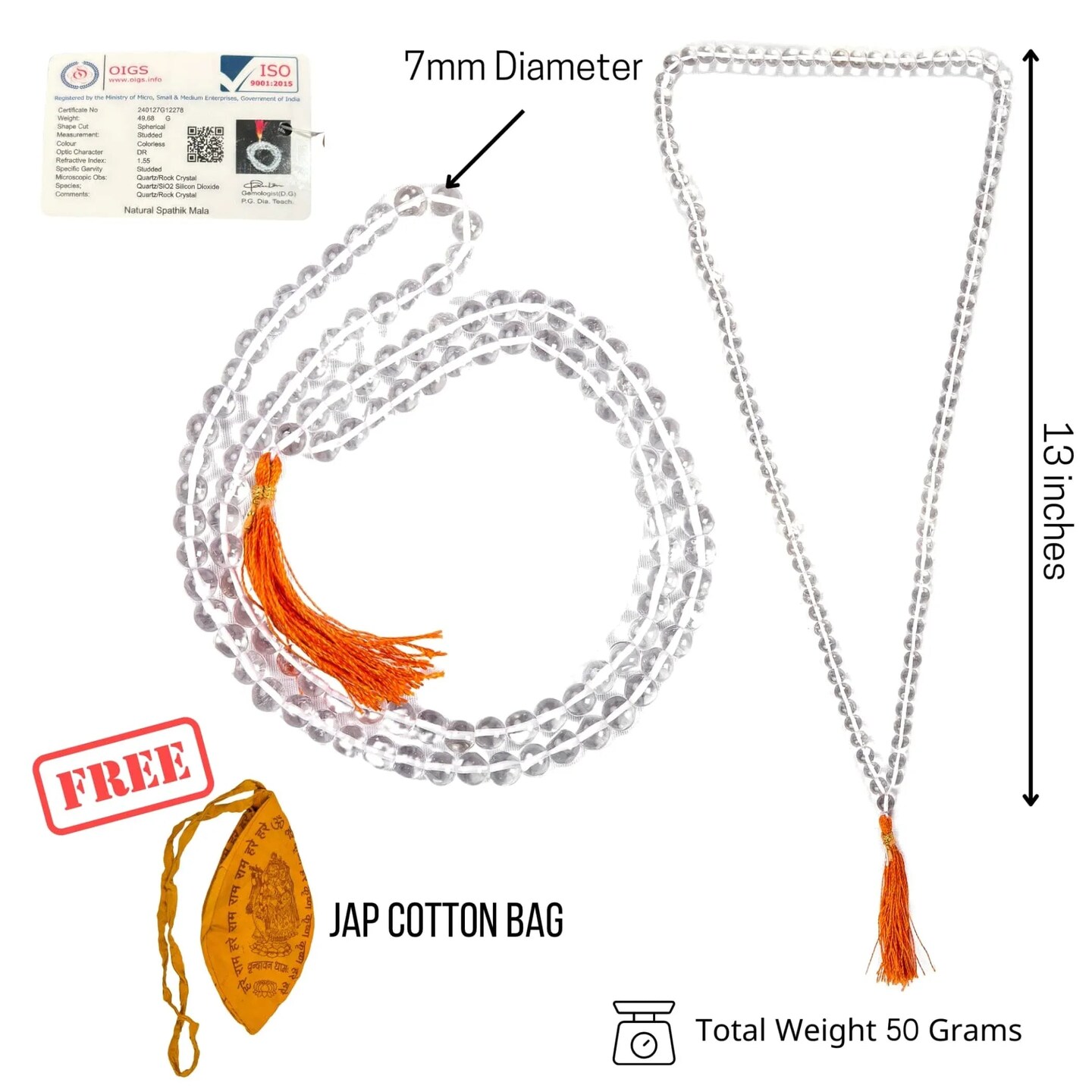 Sphatik Mala with Jap Bag Gaumukhi Natural Certified Original Crystal Quartz Agate Necklace Precious Gemstone Mala for Men Women Jaap Mala 108 Beads for Positive Energy Meditation