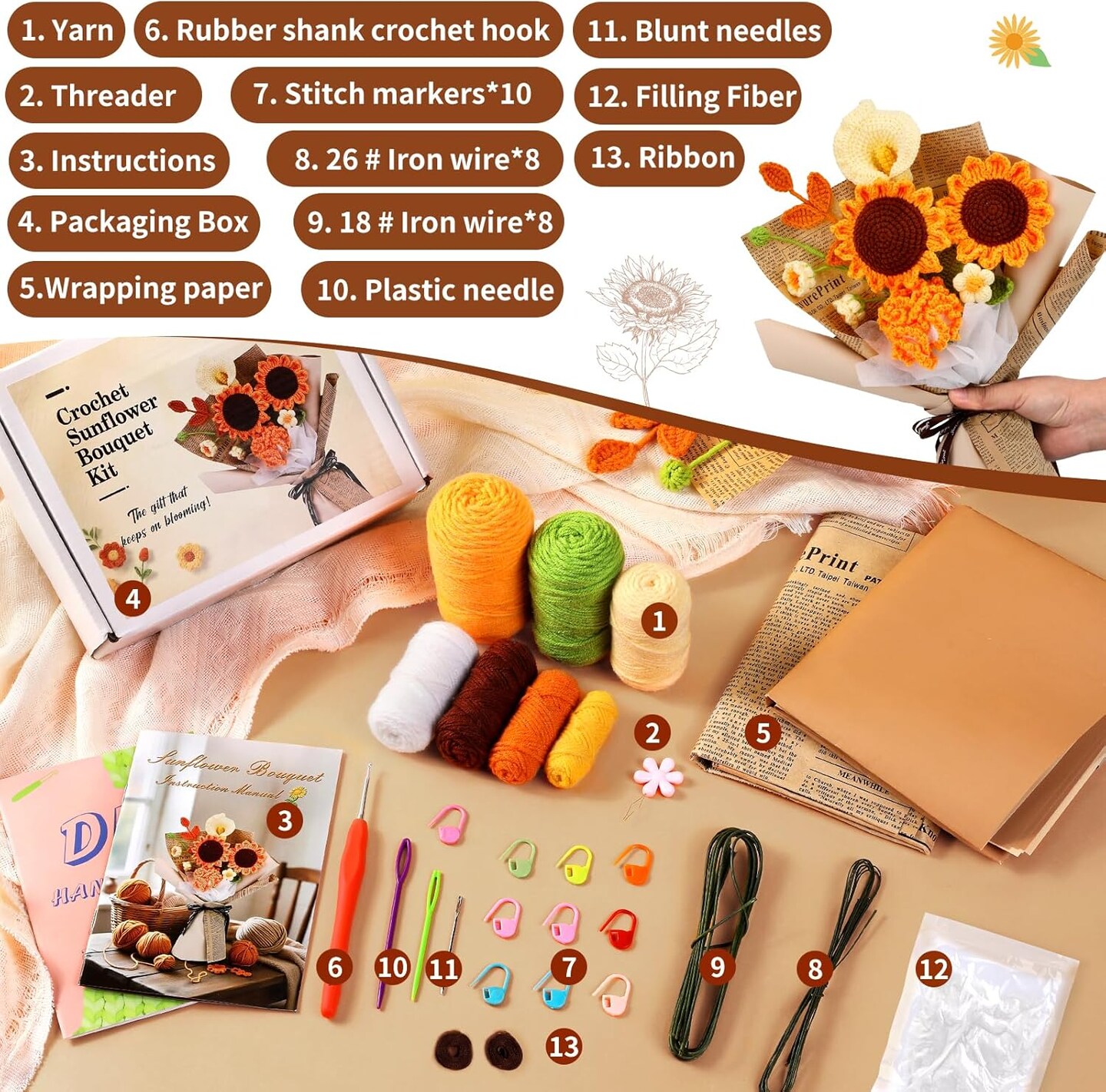 Beginner Crochet Kit for Adults – DIY Flower Bouquet Craft Kit with Step-by-Step Video Tutorials, Yarn, Floral Wire, and Complete Materials for Handmade Gifts