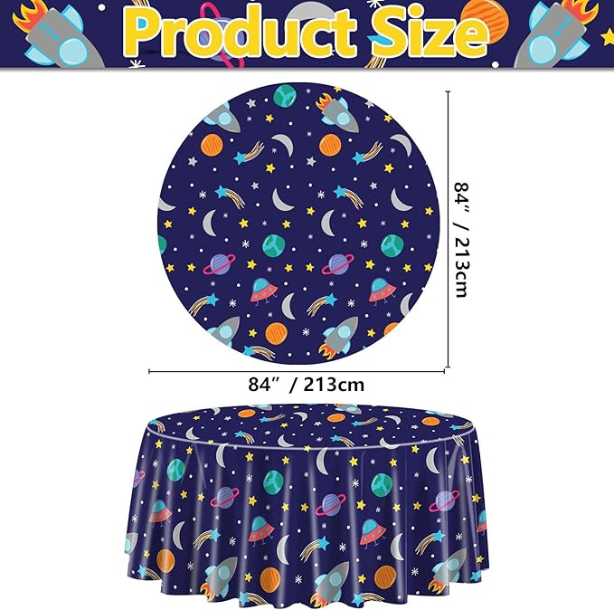 3 Pcs Outer Space Tablecloths, Round Space Table Covers, Plastic Disposable Planet Tablecover for Kids Space Theme Birthday Party Supplies, Baby Shower, 84 x 84 Inch (3)