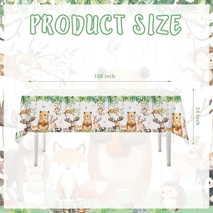 Woodland Plastic Tablecloth for Birthday Baby Shower Decorations - 3 Pack 54'' x 108'' Forest Animal Bear Fox Party Supplies Woodsy Creatures Printed Rectangular Disposable Table Cover