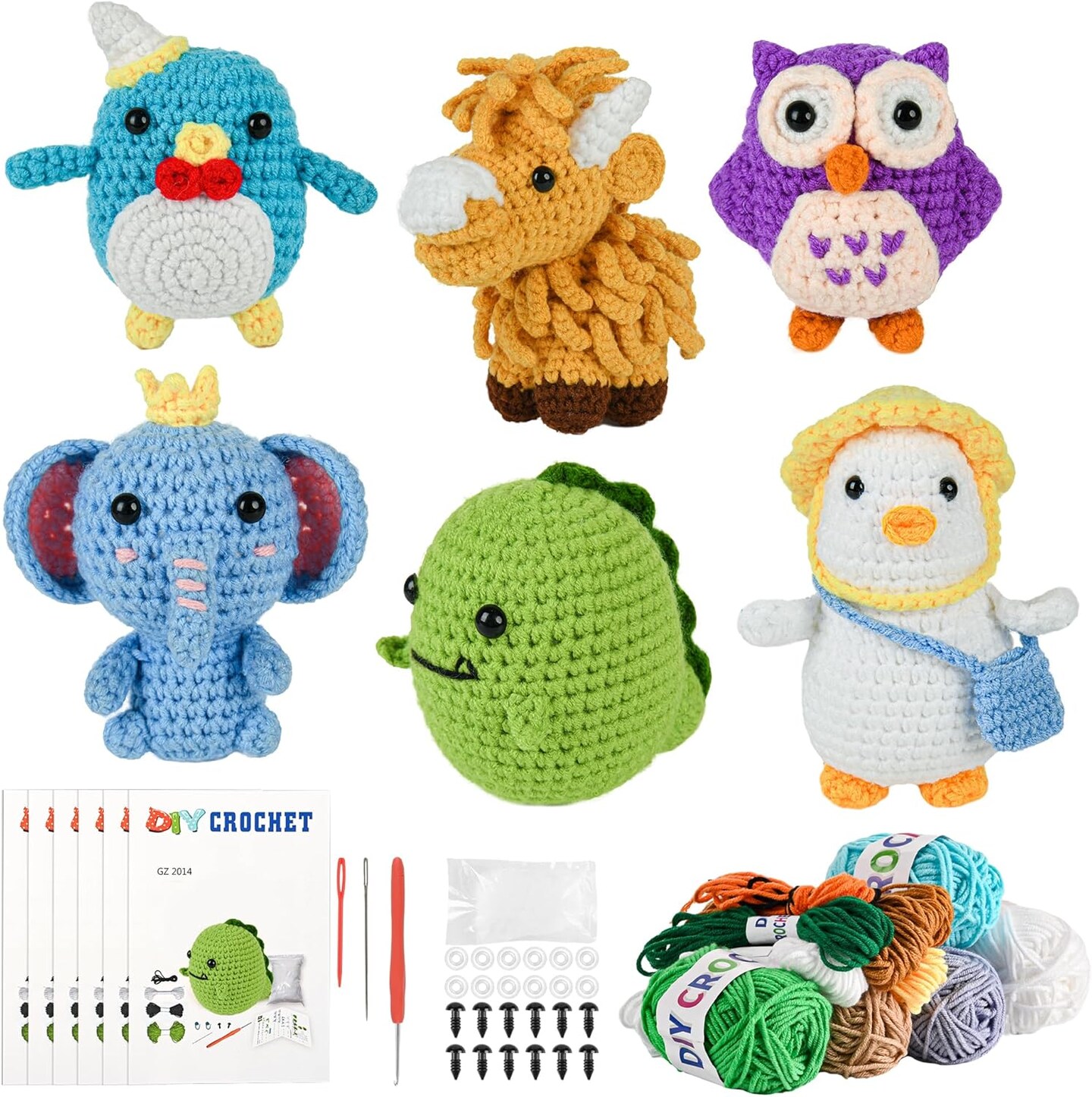 6-Piece Beginner Crochet Kit for Adults & Kids – DIY Animal Amigurumi Kits with Step-by-Step Video Tutorials, Yarn, Crochet Hooks, and Perfect Gift for Holidays & Birthdays