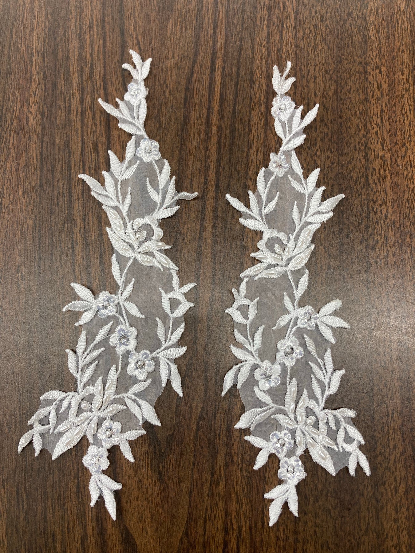 1 Pair Beaded Floral Lace Applique Embroidered on 100% Polyester Organza 10&#x22; x 2.5&#x22; Each Side