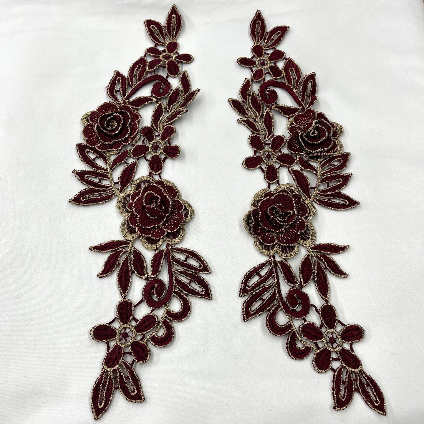 1 Pair 3D Floral Lace Applique Embroidered on 100% Polyester Net Mesh 14" x 5" Each Side