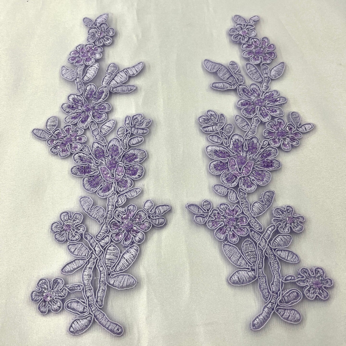 1 Pair Beaded & Corded Floral Lace Applique 10" x 2" Each Side