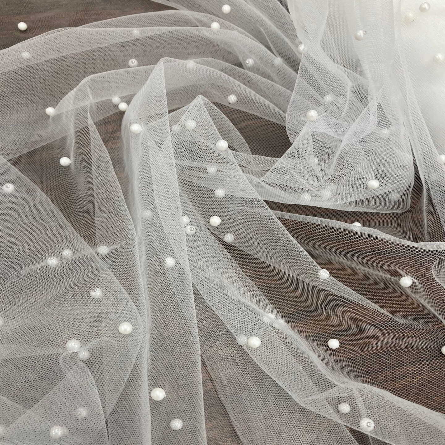 1 Yard 2-Way Stretch Net Mesh Fabric with Scattered Pearls 60" Wide Soft Tulle for Gowns, Veils, and Special Occasion Wear