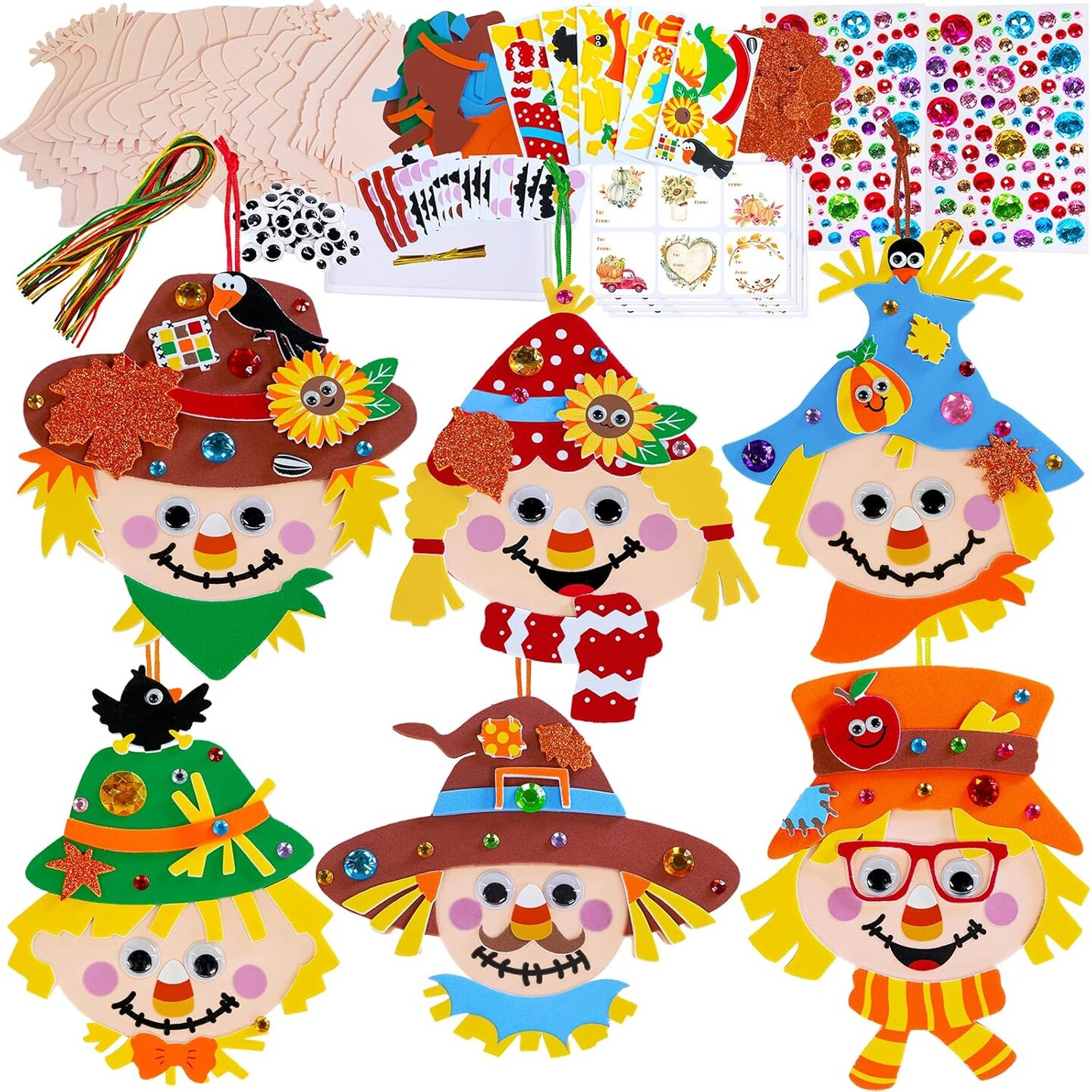 24 Sets Fall Scarecrow Craft Kits for Kids &#x2013; DIY Autumn Scarecrow Head Ornaments with Foam Harvest Stickers, Maple Leaves &#x26; Pumpkins, Arts and Crafts for Classroom, Holiday Parties, and Thanksgiving Favors (Green,Orange) 3 x 2 x 5 inches