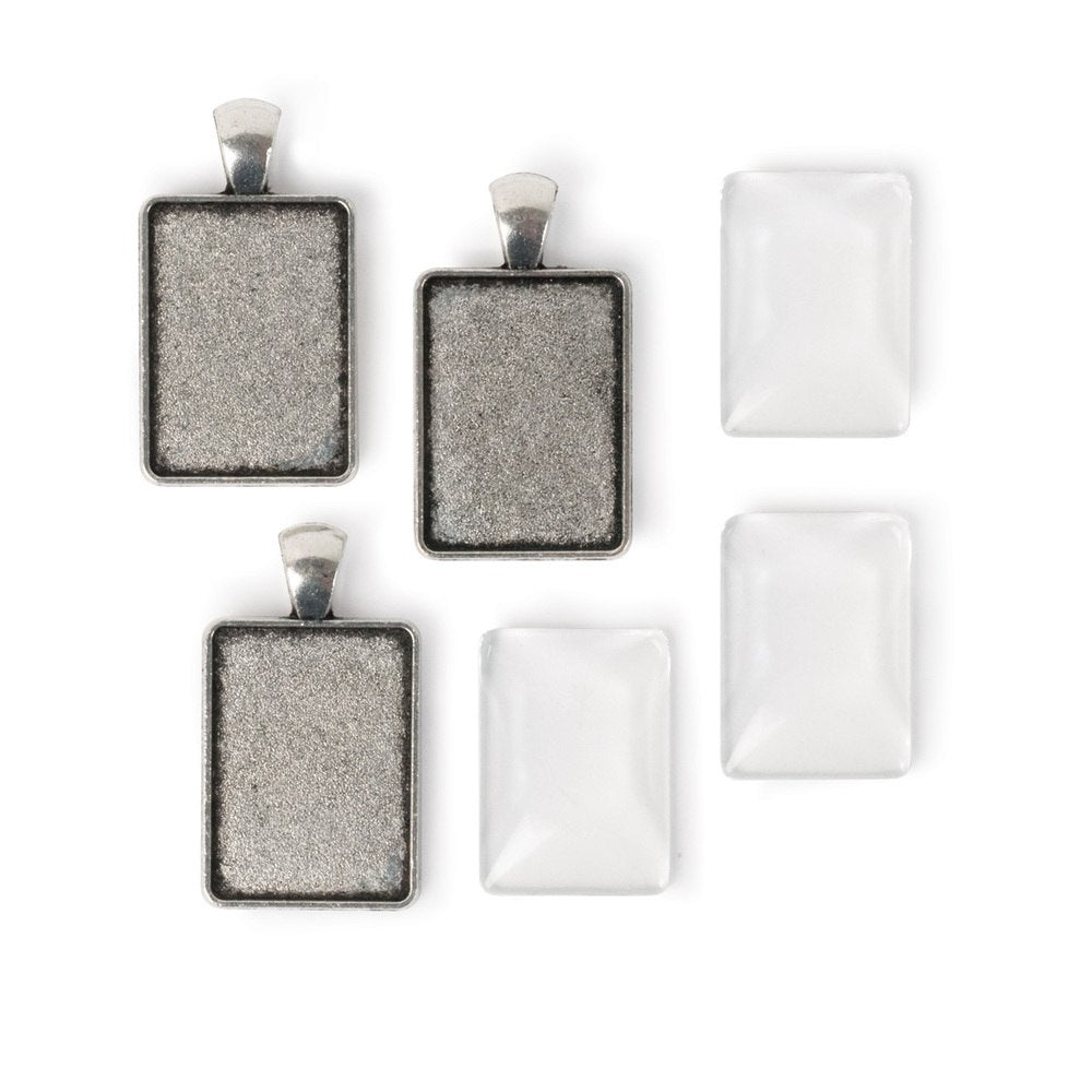 Picture Frame Pendants - Rectangle, Antiqued Imitation Silver, for 25x18mm Pictures - Set of Three