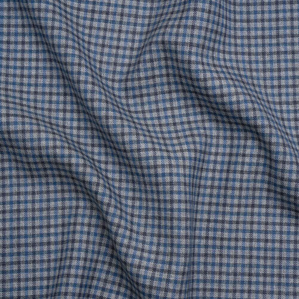 1 Yard Blue Navy and Gray Tattersall Check Wool Blend Twill Suiting Fabric 59 inch Width