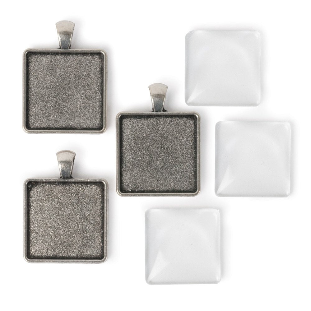 Picture Frame Pendants - Square, Antiqued Imitation Silver, for 25 mm Pictures - Set of Three