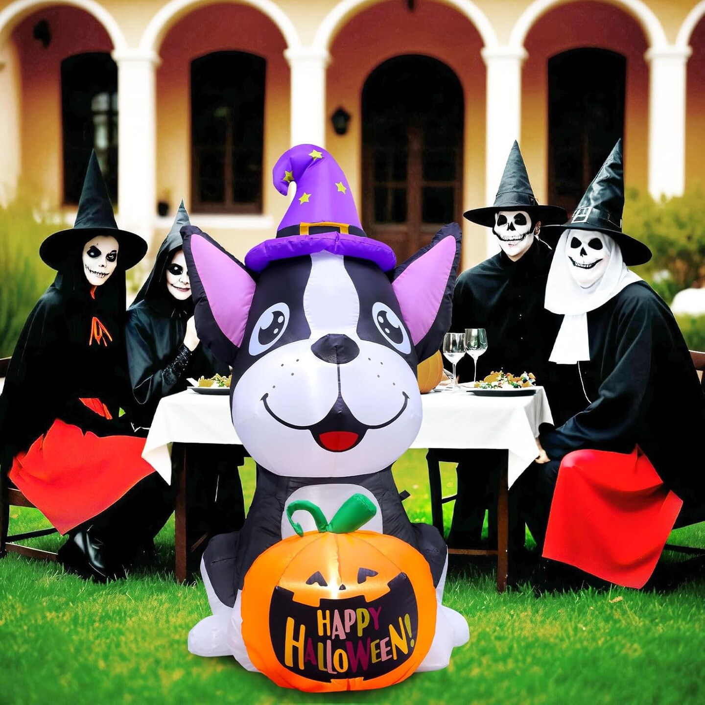 4.4FT Dog Hold Pumpkins Blow Up Yard Decorations(Black Dog &#x26; Orange Pumpkins)