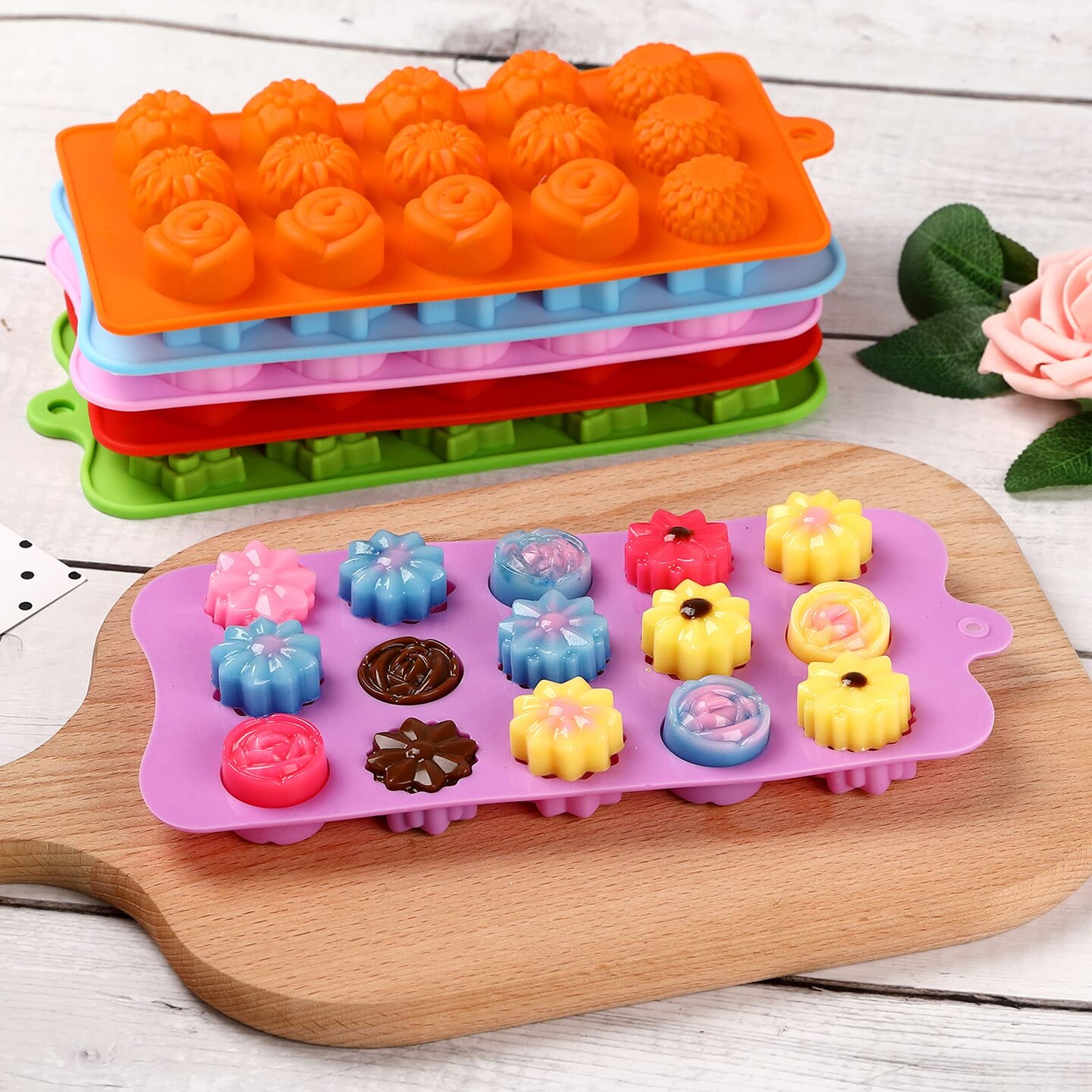 Flower Shape Chocolate Candy Molds Set,Heart,The stars,The rose,Flowers in Combination,15 Cavity Silicone Baking Mold Ice Cube Tray-Wedding,Festival,Parties and DIY Crafts-(6Pcs)
