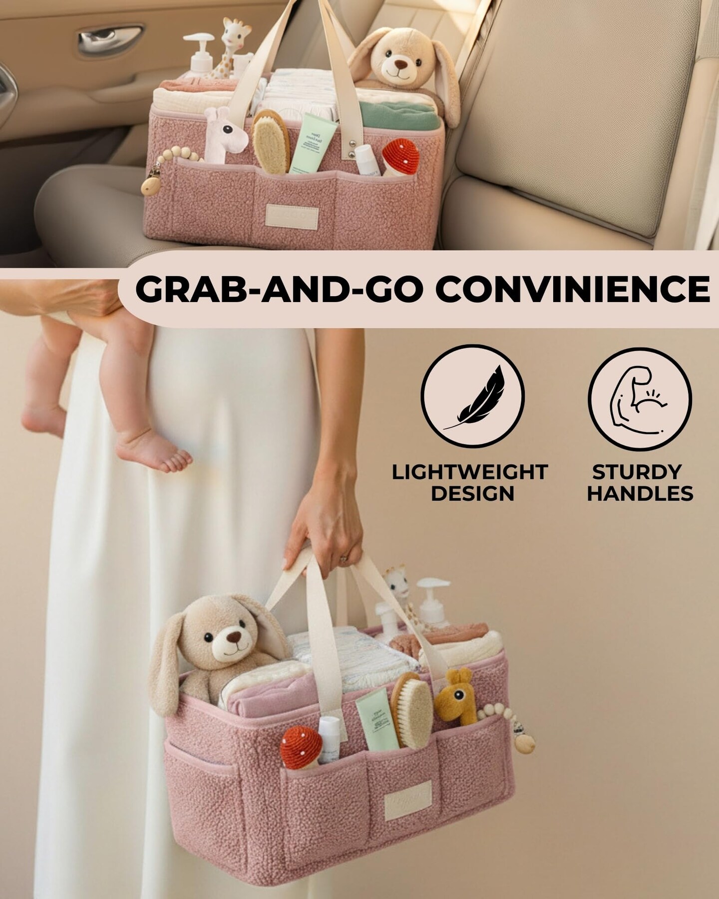 Baby Diaper Caddy Organizer with Portable Changing Mat - Teddy Fleece Diaper Organizer for Changing Table - Basket for Changing Essentials - Baby Essentials Organizer with Removable Dividers