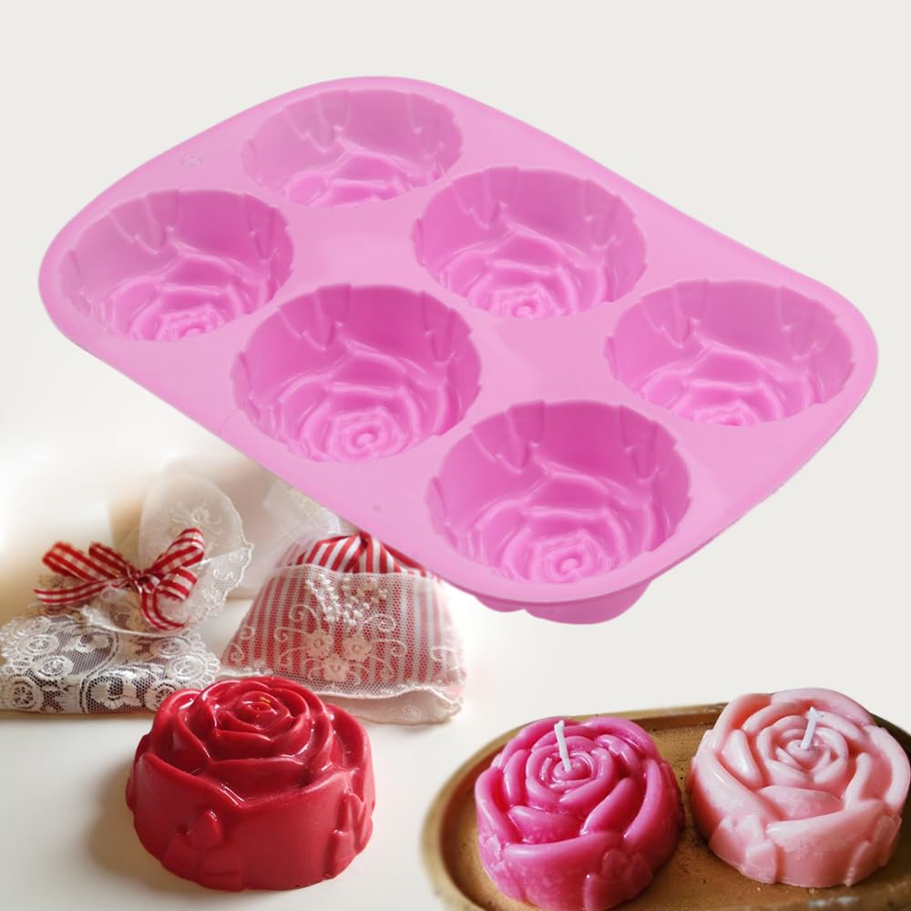 Silicone Mold for Handmade Soap Cake Jelly Pudding Chocolate 6 Cavity Rose Flower Design, Set of 2 Pink