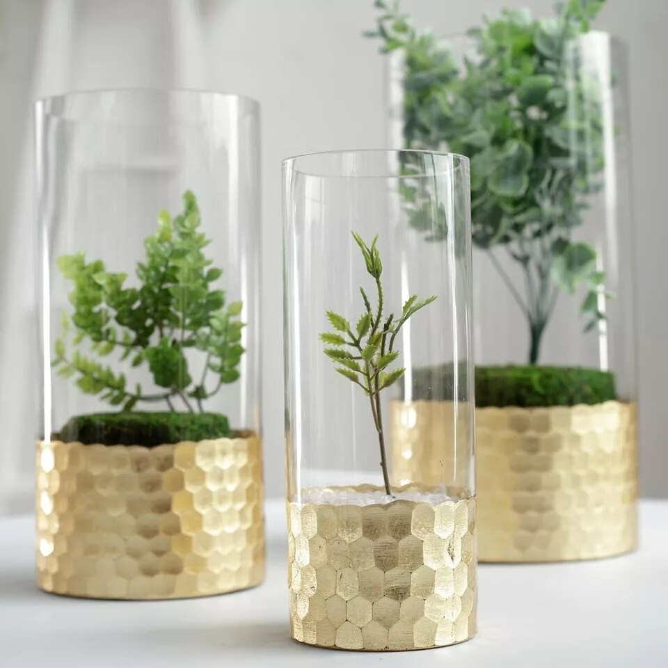 3 pcs 8" 10" 12" Glass Clear with Gold Cylinder Honeycomb Rim Vases Centerpieces