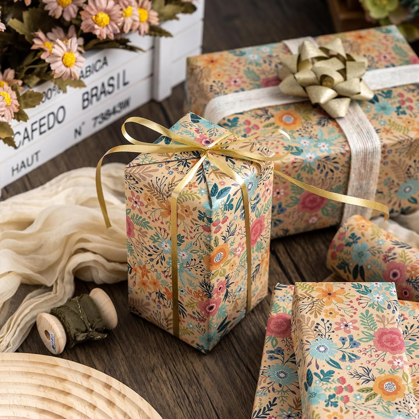 Colorful Floral Kraft Wrapping Paper Roll – 17” x 33 ft, Boho Garden Blooms Design for Weddings, Bridal Showers, Birthdays & Engagements