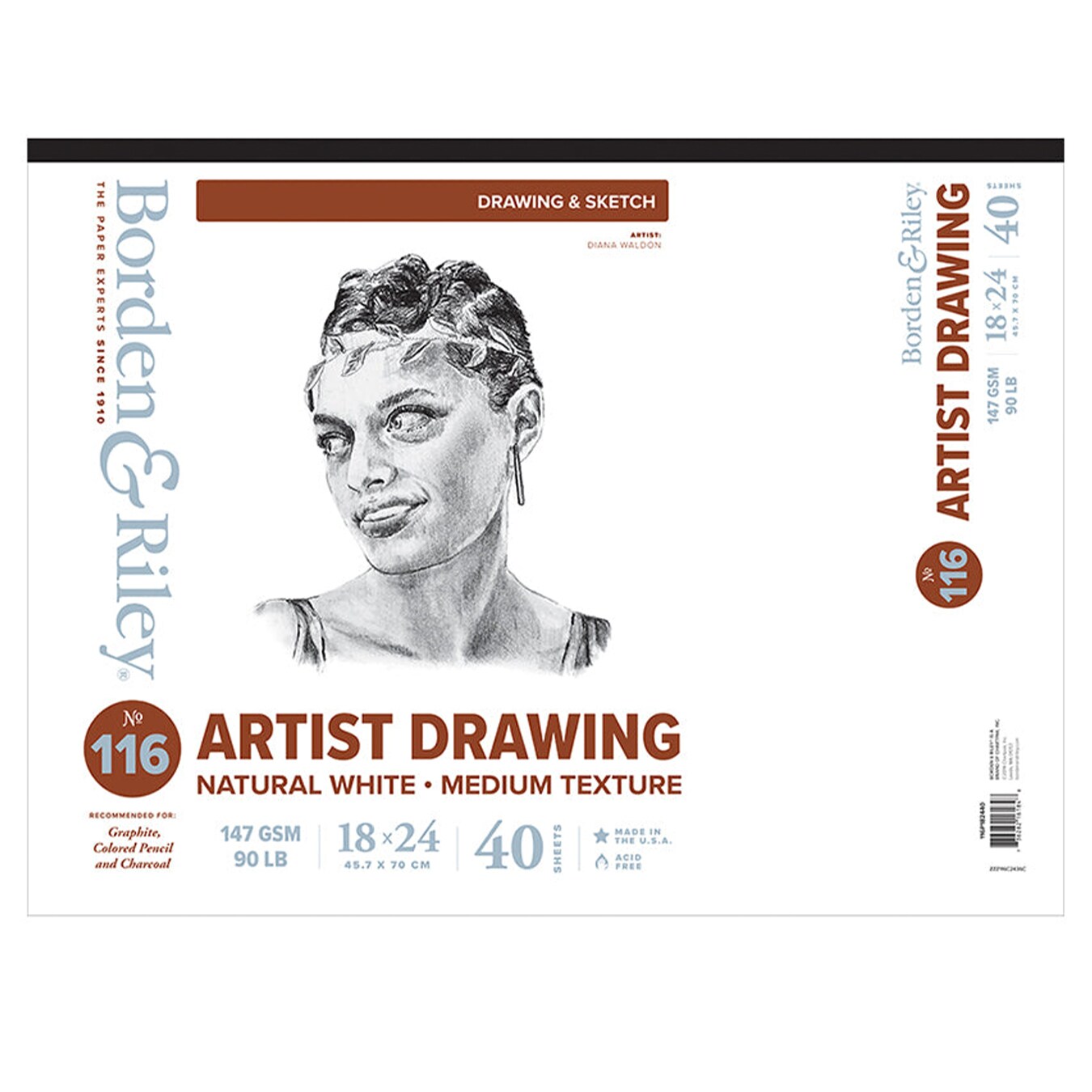 Borden & Riley #116 Artist Drawing/Sketch Pad, 147 GSM/90 lb., 40 White Sheets, 1 Pad Each