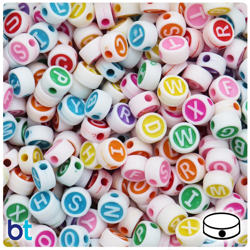 BeadTin White & Colored Opaque 10mm Coin Plastic Alpha Beads - White Letter Mix (150pcs)