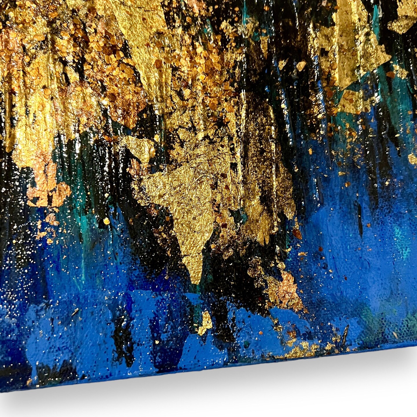 Blue Gold Copper Horizon- Abstract Mixed Media Painting 36x16