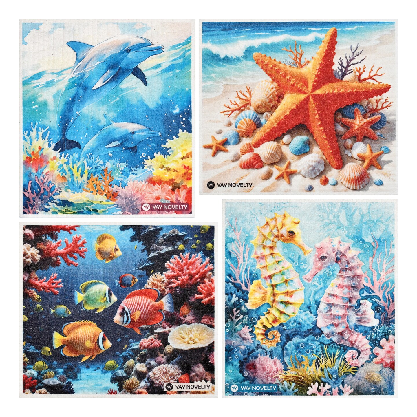 product name is 12-Pack Eco-friendly Reusable Swedish Dishcloth, Reusable Cleaning Wipes, Absorbent Cleaning Cloth, Compostable - Sea Creatures
