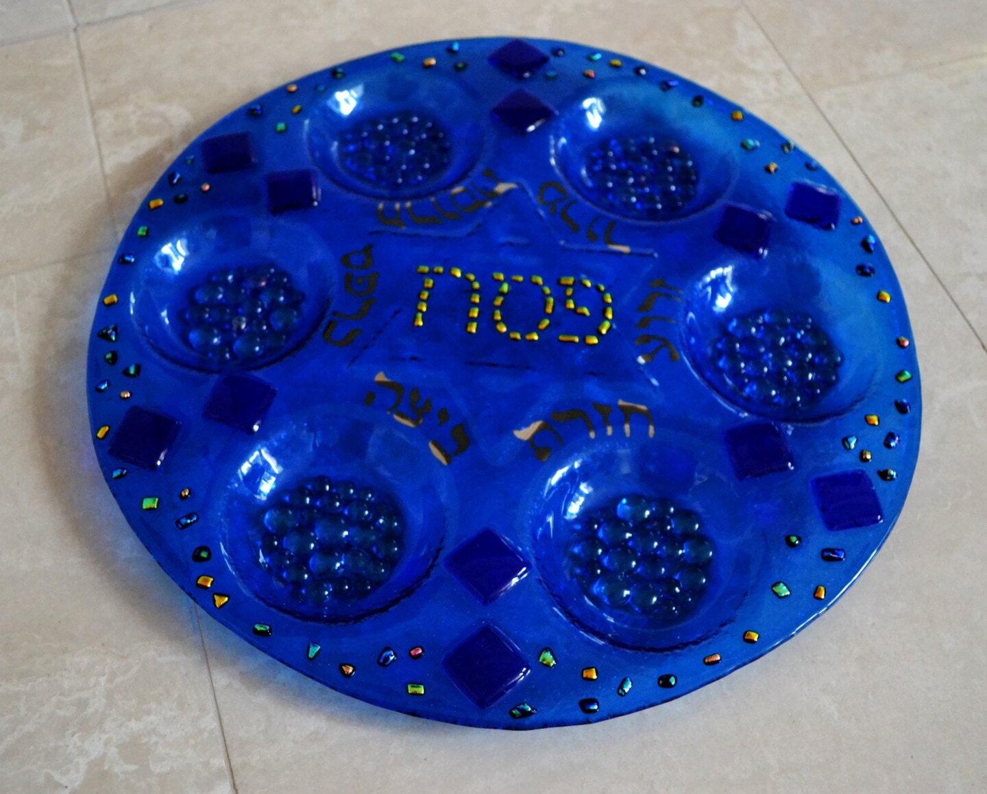 Gift for Passover, Peasach Seder plate, Blue dichroic glass fused