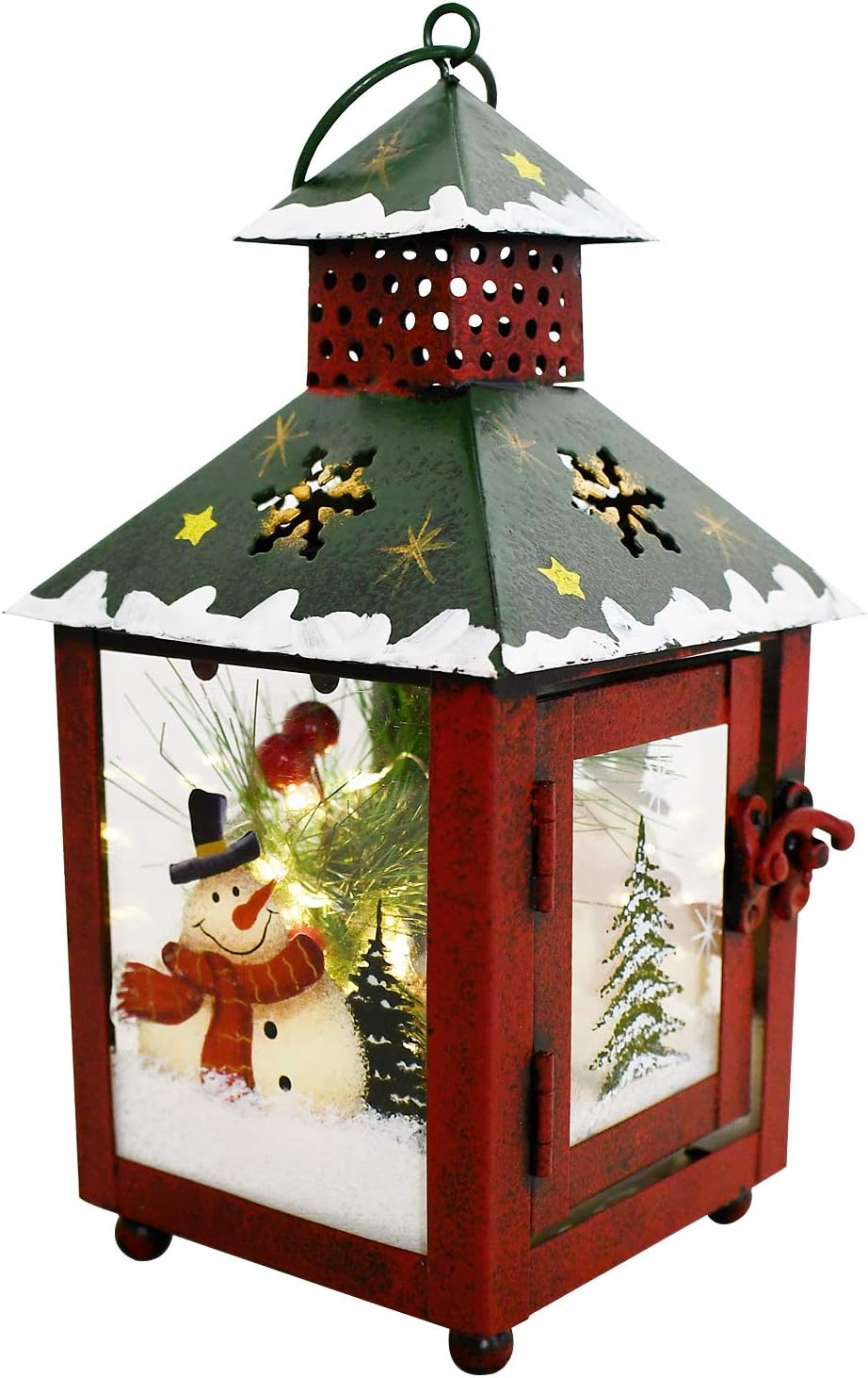 Christmas Lantern Outdoor with LED Lights Metal Christmas Lanterns Table Top Decoration Metal Hanging Lantern Hanging Christmas Lantern Yard Decor Seasonal Xmas Lantern Decor with Snowman
