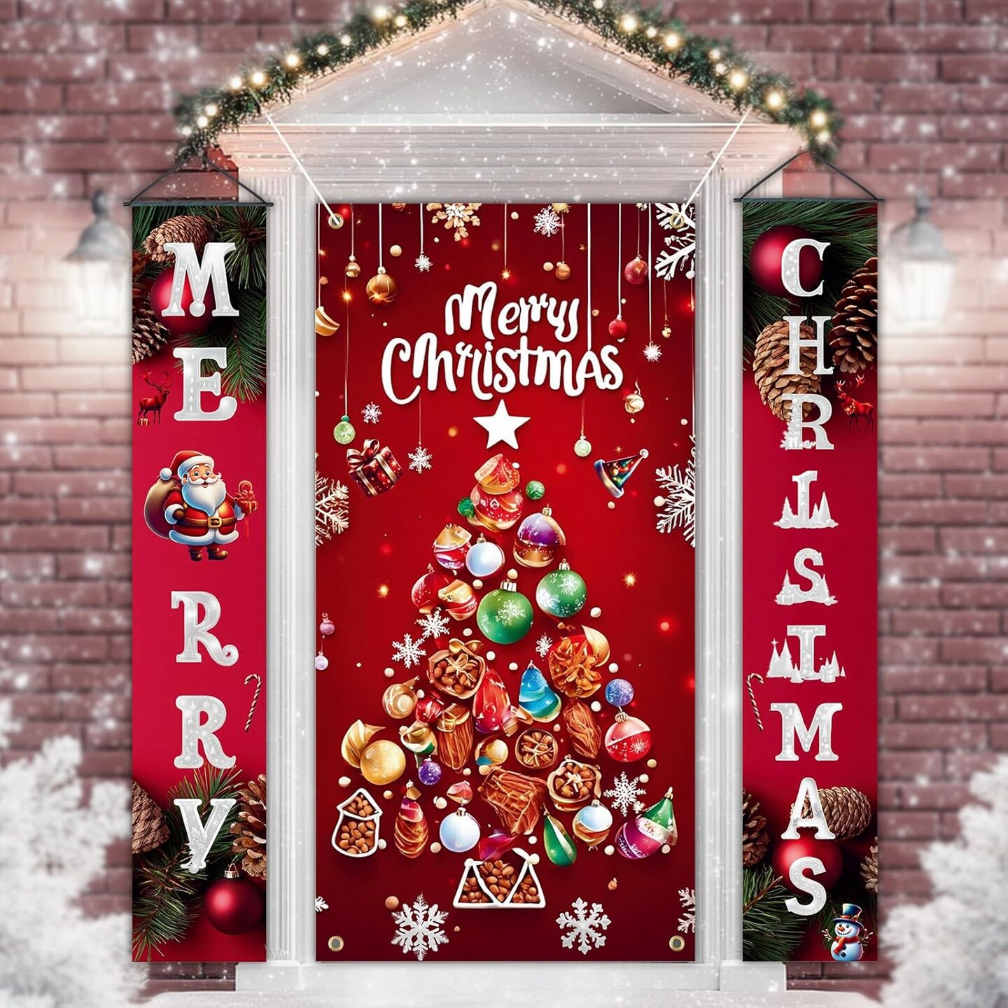 3Pcs Christmas Tree Door Cover and Christmas Door Banners Set, Santa Claus Merry Christmas Door Decorations