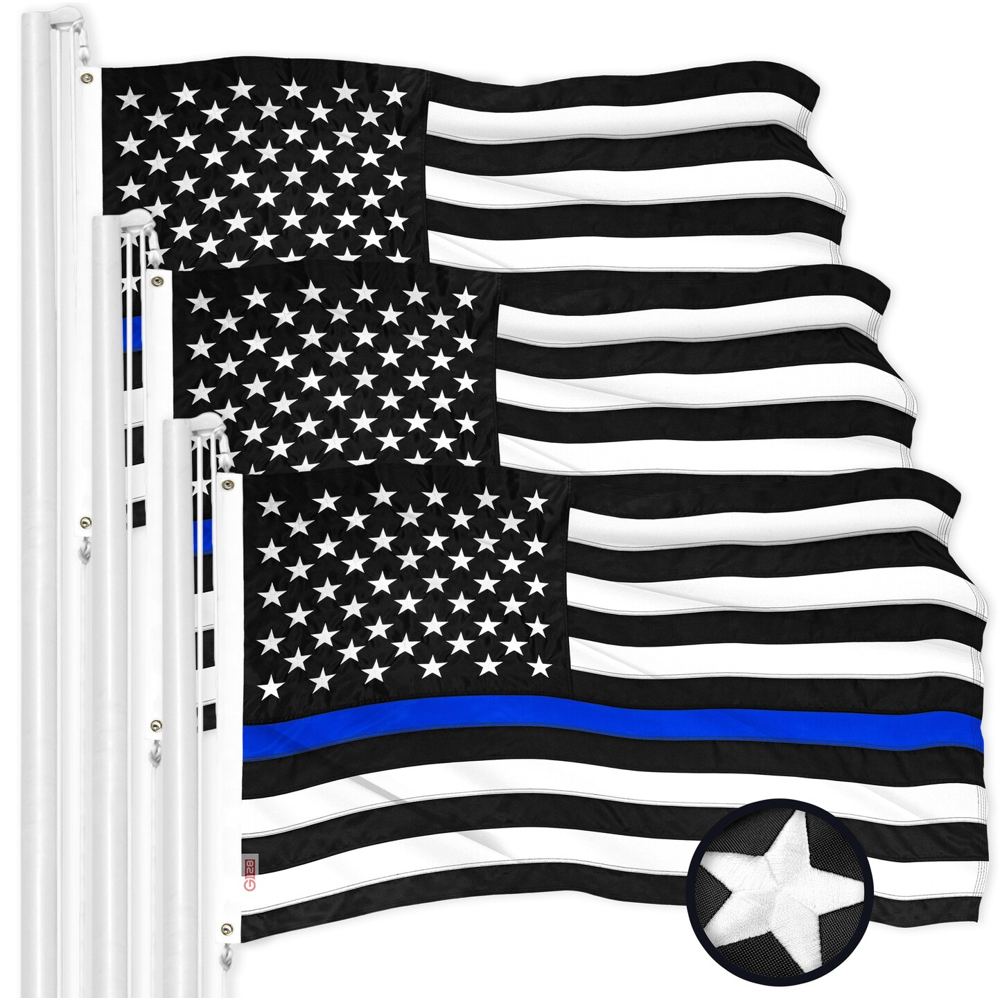 G128 3 Pack: Thin Blue Line Flag | 1x1.5 Ft | ToughWeave Series Embroidered 300D Polyester | Duty and Honor Flag, Embroidered Design, Indoor/Outdoor, Brass Grommets