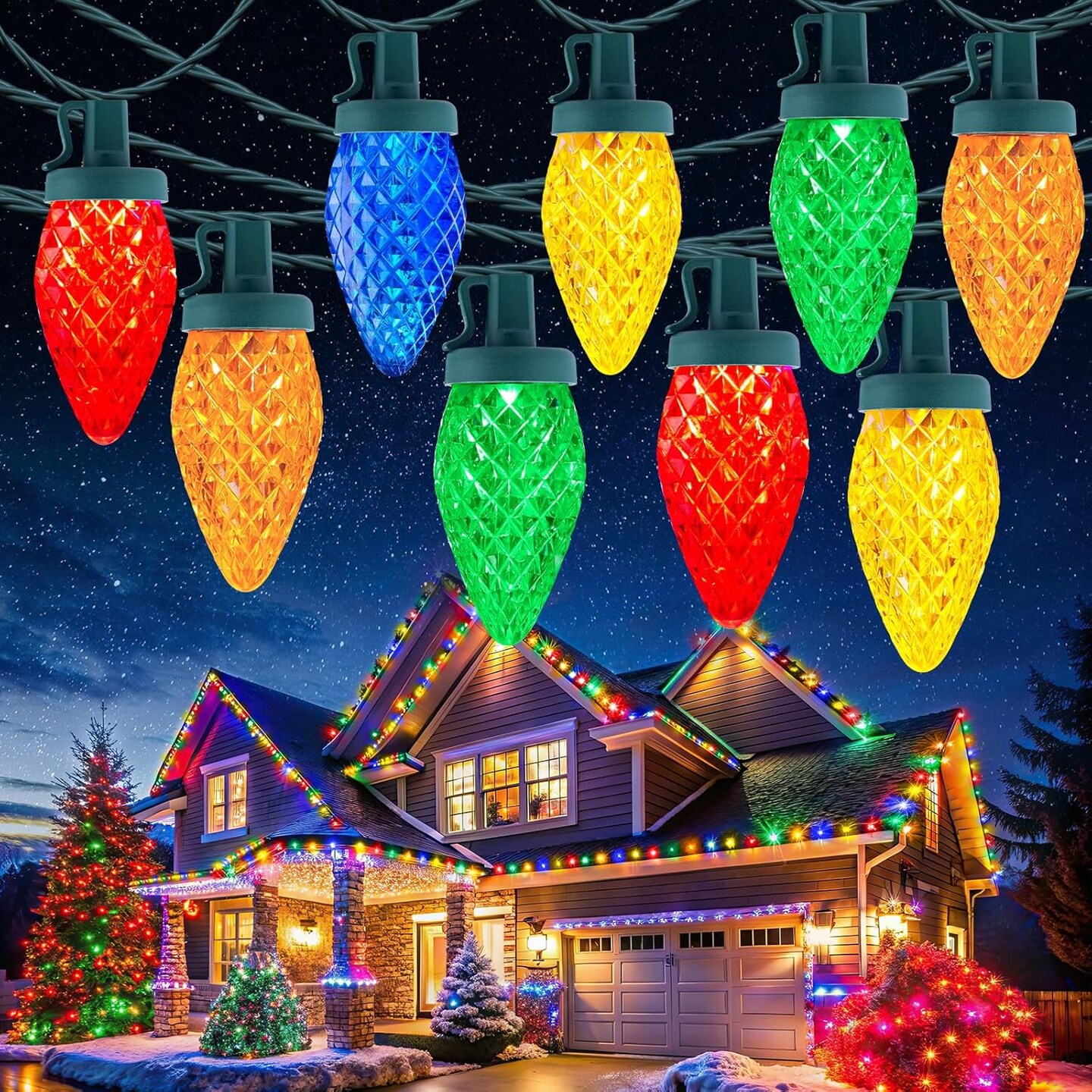 C9 Christmas Lights Outdoor, 114 Feet 150 LED C9 String Lights with Timer &#x26; 8 Light Modes, Waterproof Commercial Grade Connectable Christmas Tree Lights for Indoor Outside Roofline Patio, Multicolor